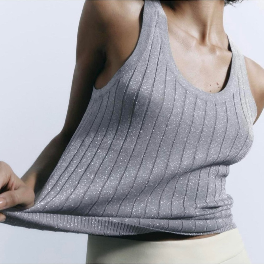 Zara Women’s Size Medium Ribber Silver Top. Brand New With Tags